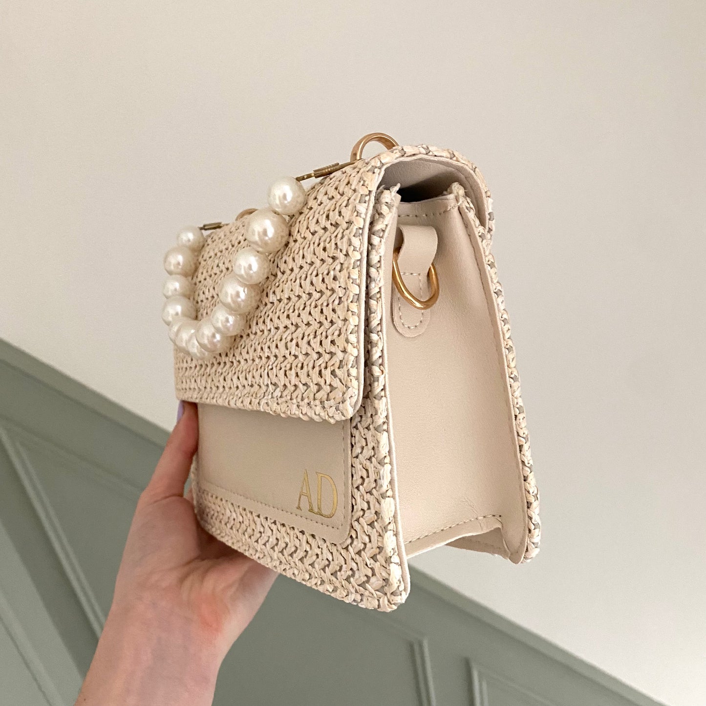 Personalised BETSIE Pearl Straw Clutch Cross Body Bag