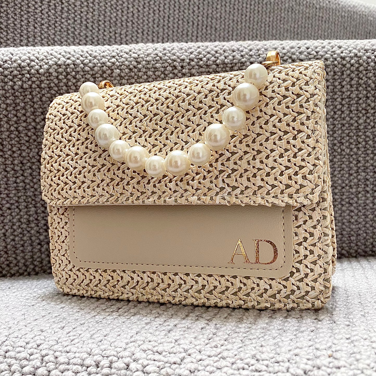 Personalised BETSIE Pearl Straw Clutch Cross Body Bag