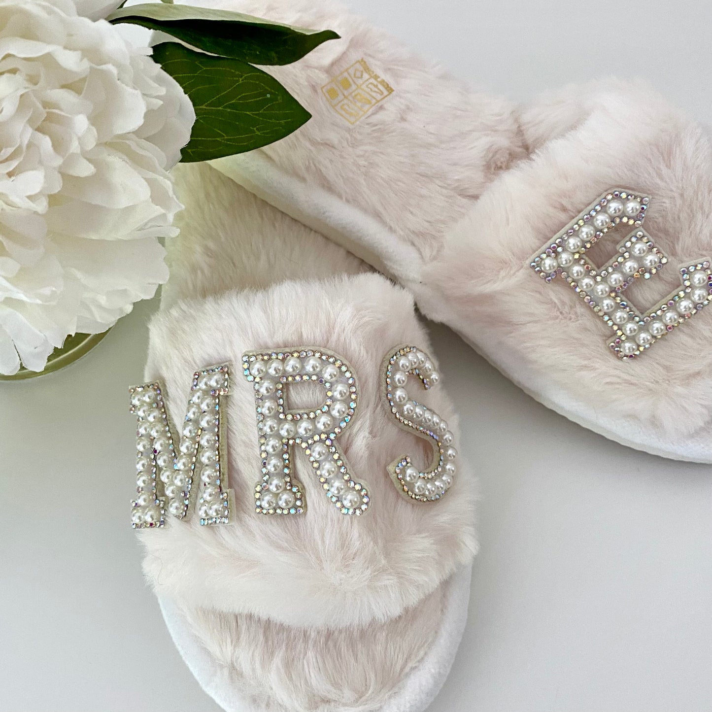 Pearl Patch Fluffy Embroidered Slider Slippers