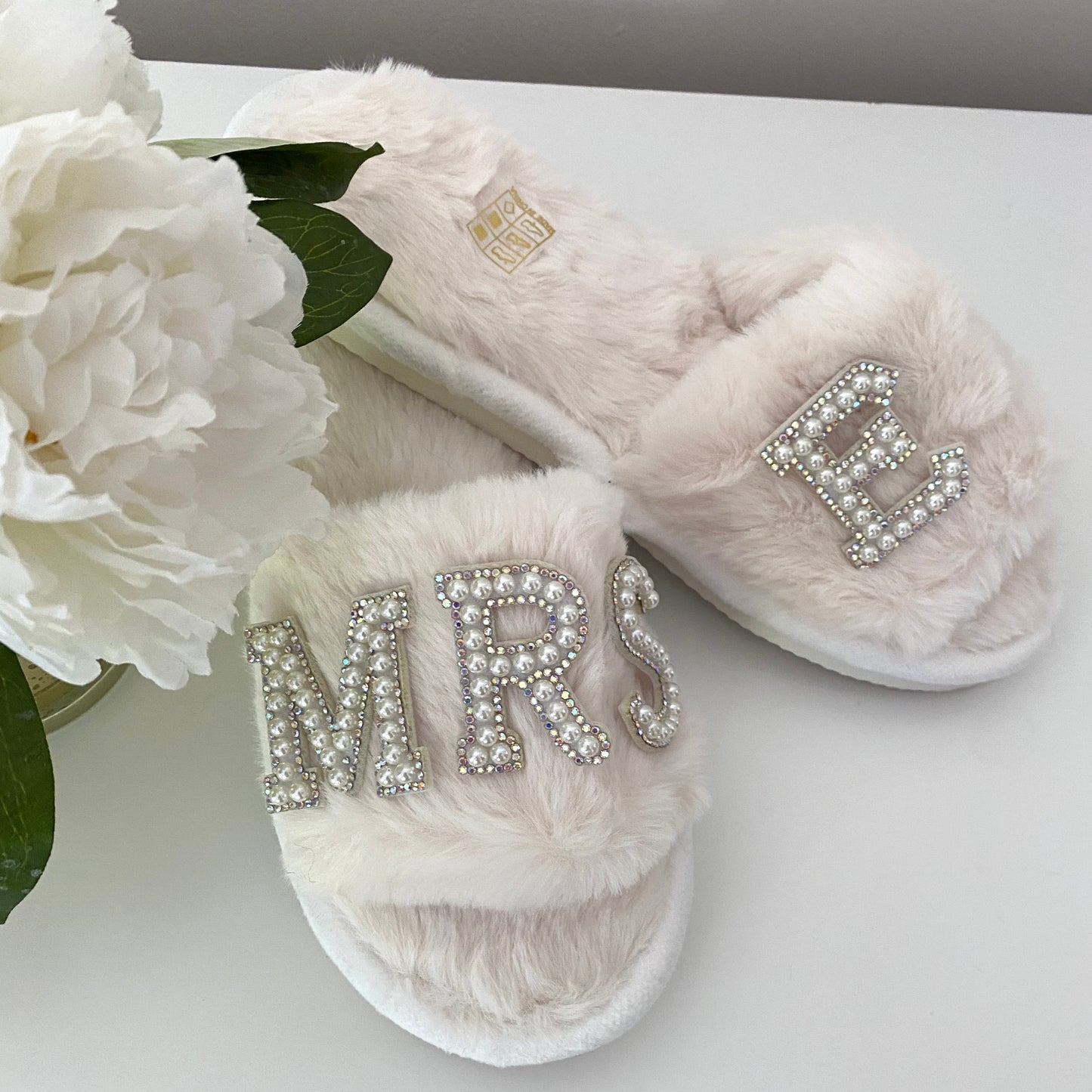 Pearl Patch Fluffy Embroidered Slider Slippers