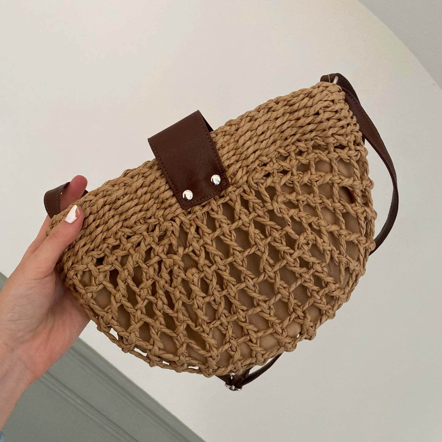 Personalised POPPY Semi Circle Straw Rattan Wicker Tan Brown Cross Body Bag