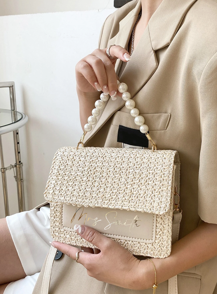 Personalised BETSIE Pearl Straw Clutch Cross Body Bag