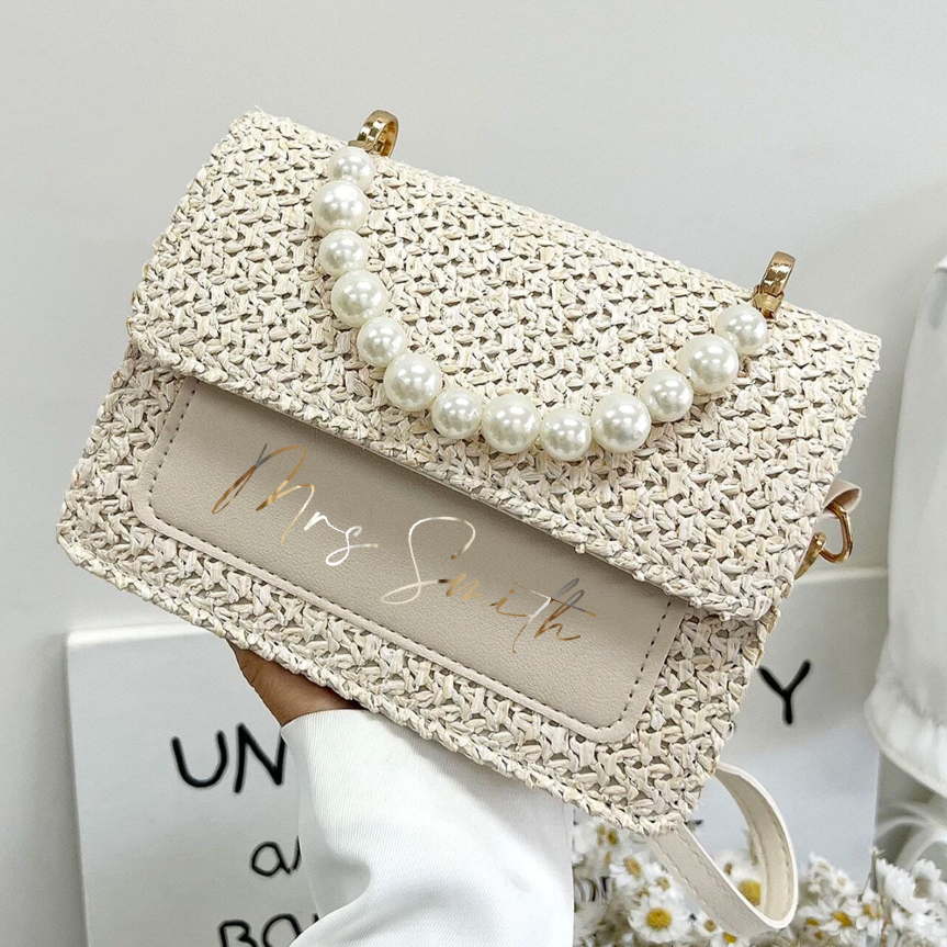 Personalised BETSIE Pearl Straw Clutch Cross Body Bag