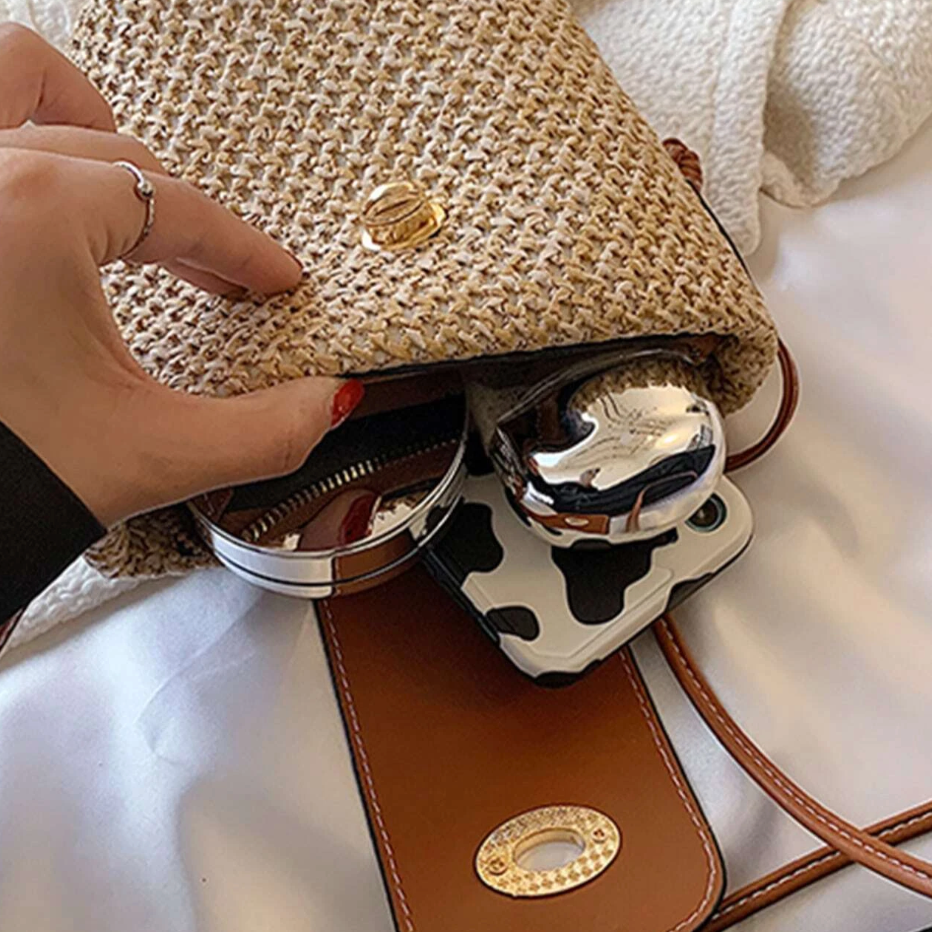 Personalised ZOE Straw Brown Flap Twist Lock Cross Body Bag