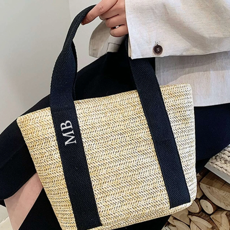 Personalised MIA Ribbon Straw Hand Bag