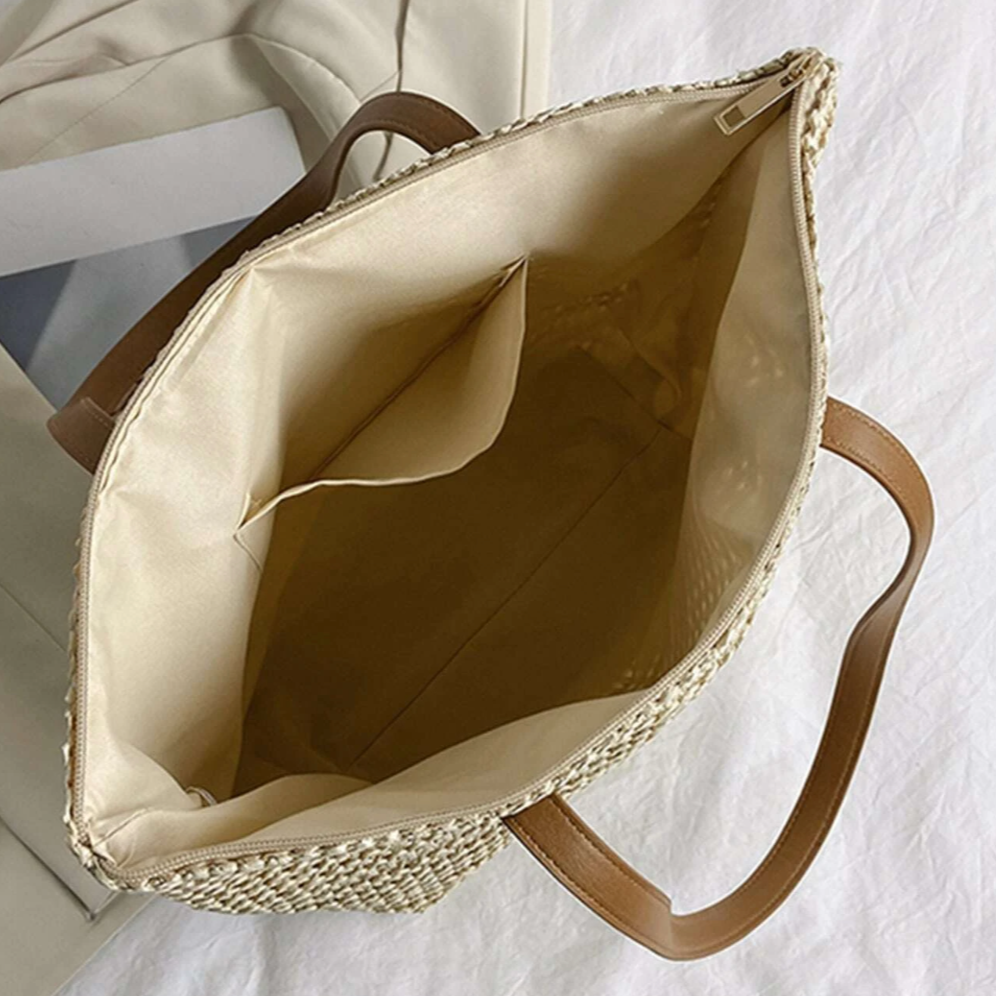 Personalised ROSIE Patch Light Straw Boho Square Shoulder Tote Beach Bag