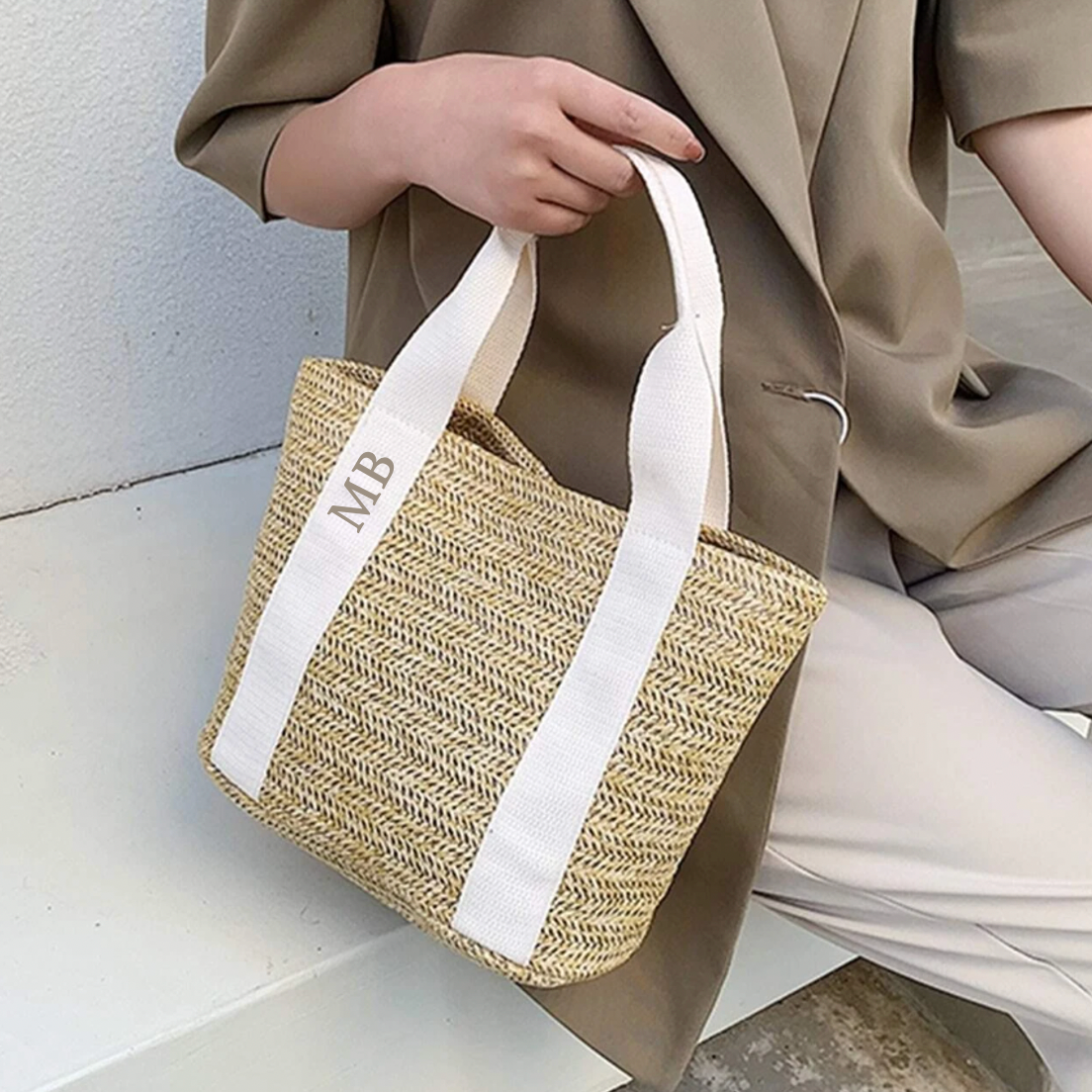 Personalised MIA Ribbon Straw Hand Bag