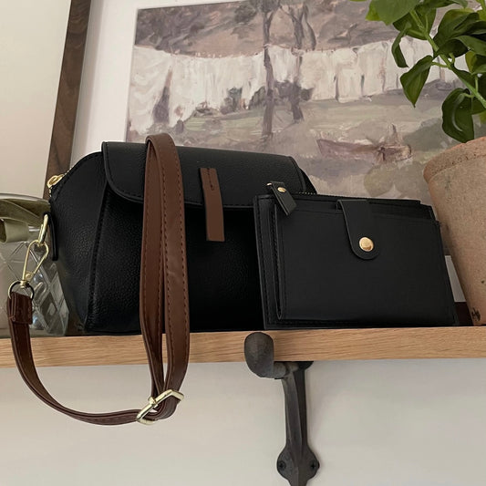 Personalised Black Embossed Brown Tag Cross Body Bag & Purse Set