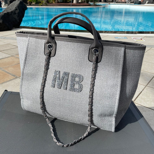 Personalised silver crystal diamante initial tote bag | Cloth'N'Card