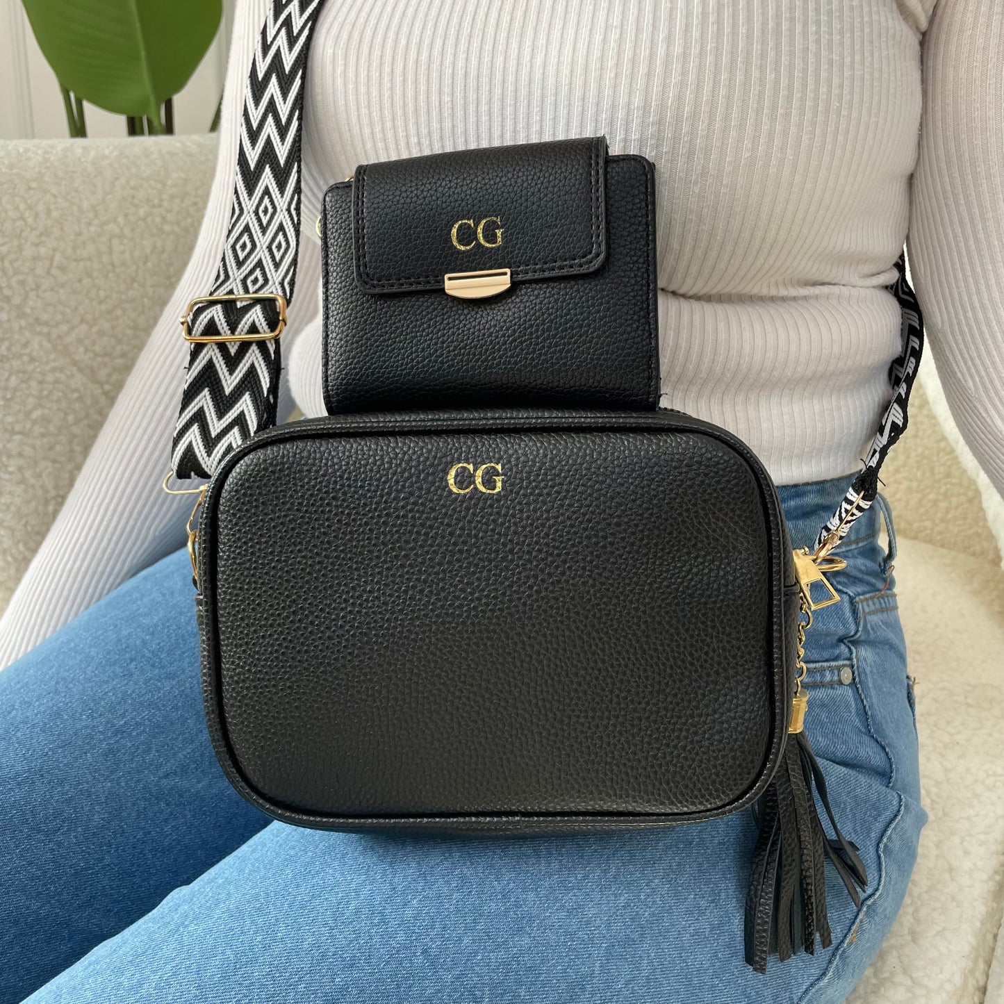 Personalised RHONA Embossed Faux Leather Chevron Cross Body Bag & Purse Set