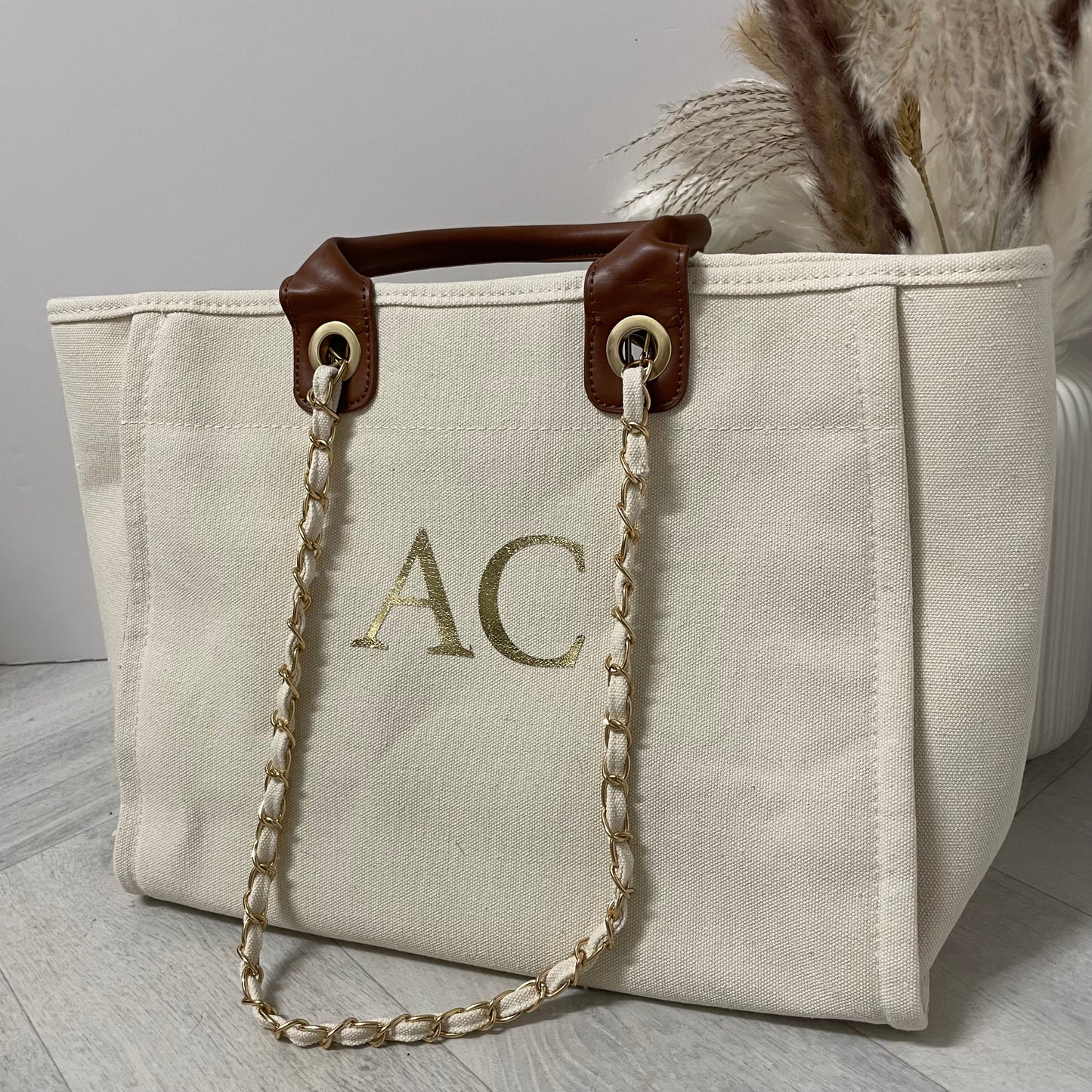 Personalised White & Brown Large Chain Initial Tote Bags