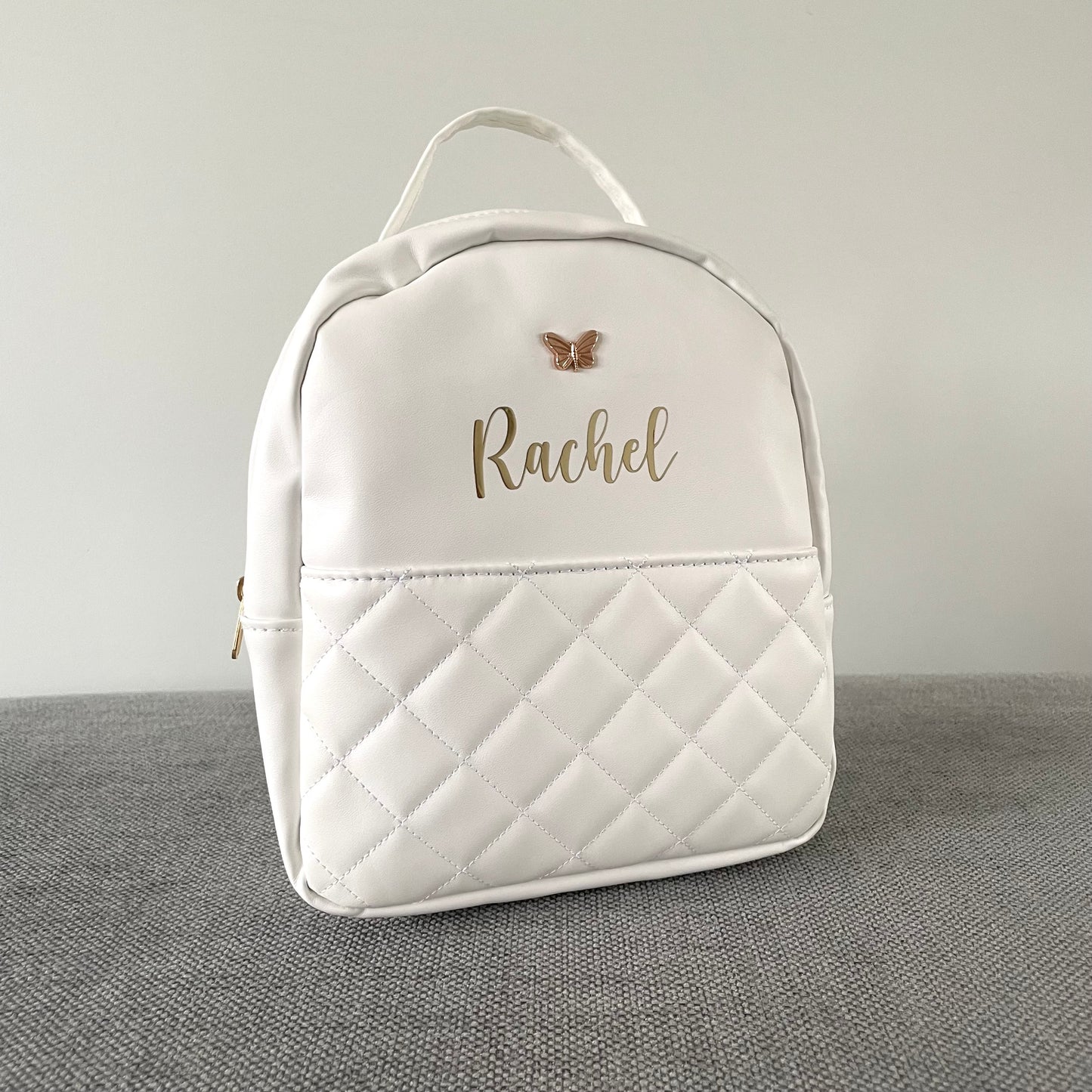 Personalised Childrens White Quilted Butterfly Small Backpack