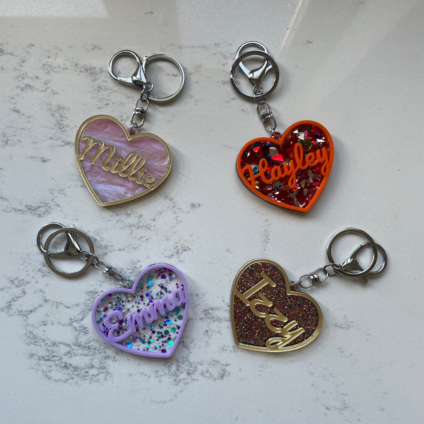 Personalised Heart Acrylic Glitter key chains key rings bag charm