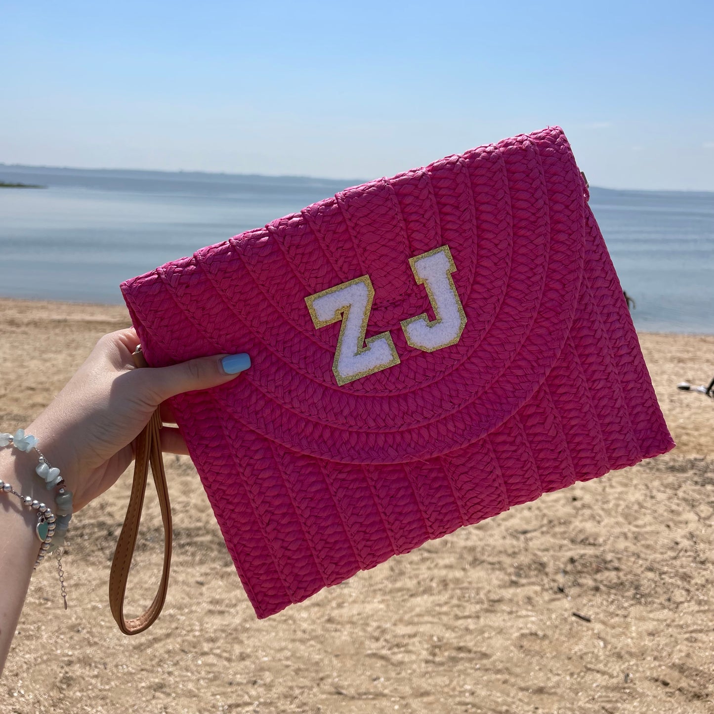 Personalised Summer Brights Patch Straw Clutch Across Body Bag