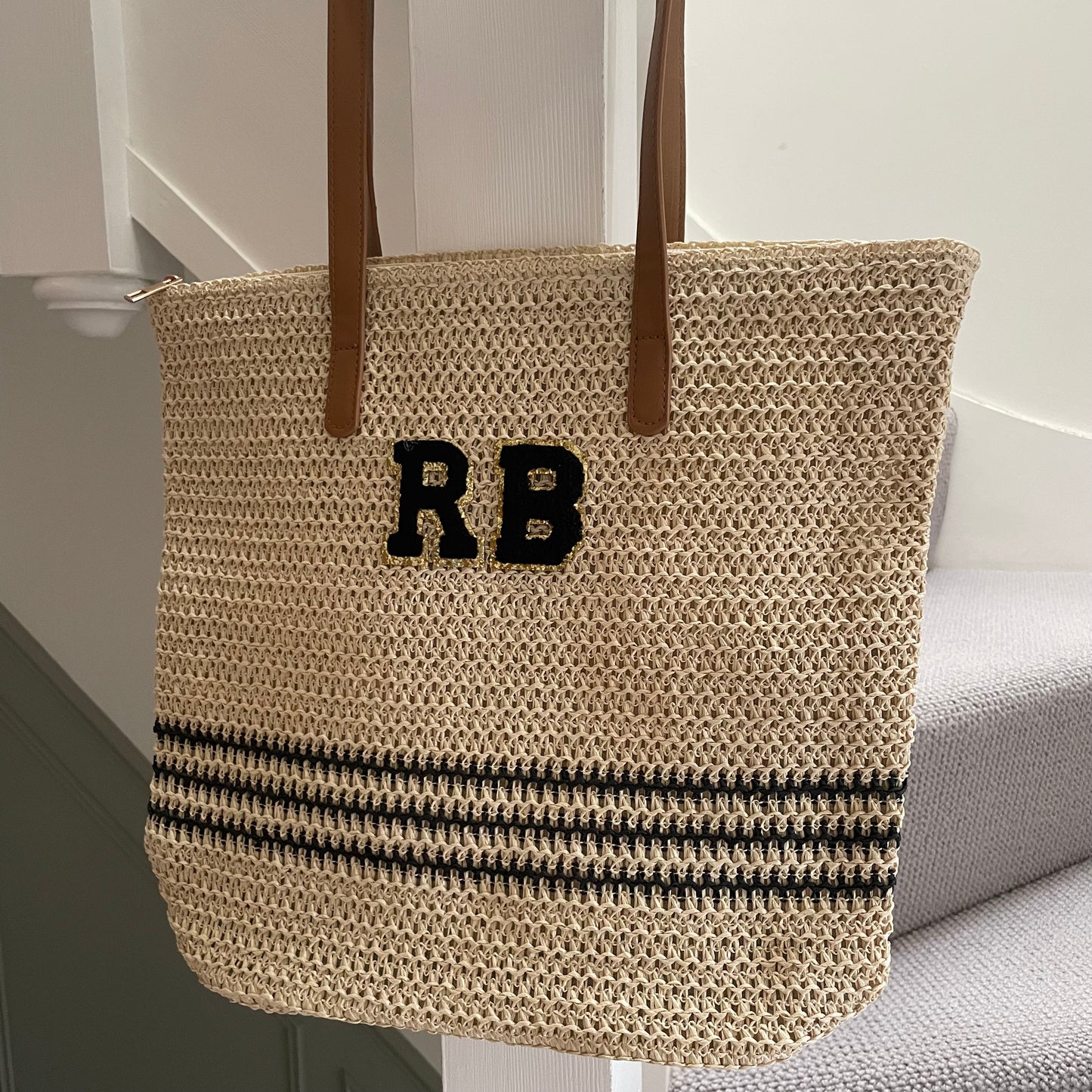 Personalised Patch Black Stripe Bow Zip Tote Bag