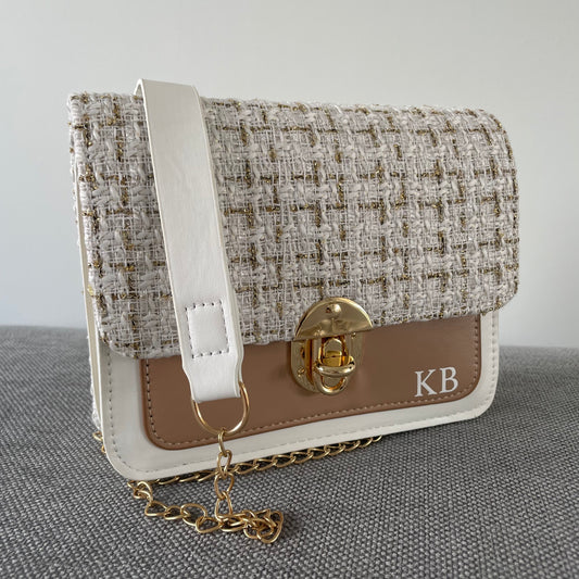 Personalised Tweed AMELIA Straw Chain Brown Cross Body Bag