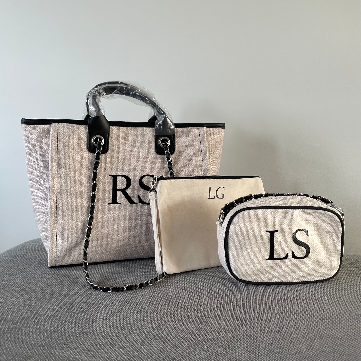 Personalised White & Black Large Chain Initial Tote Bags