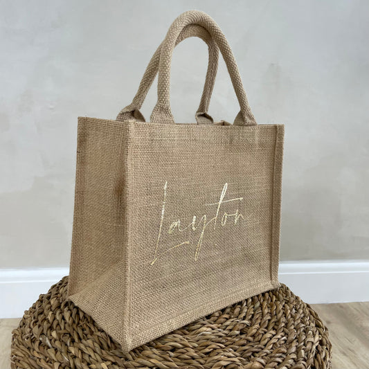 Personalised Square Jute Lunch Bridesmaid Top Handle Gift Bag