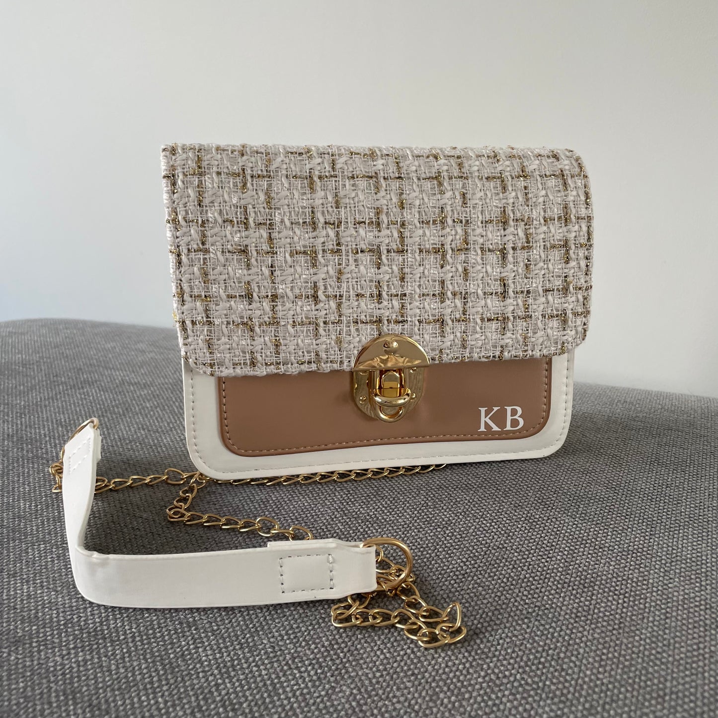 Personalised Tweed AMELIA Straw Chain Brown Cross Body Bag