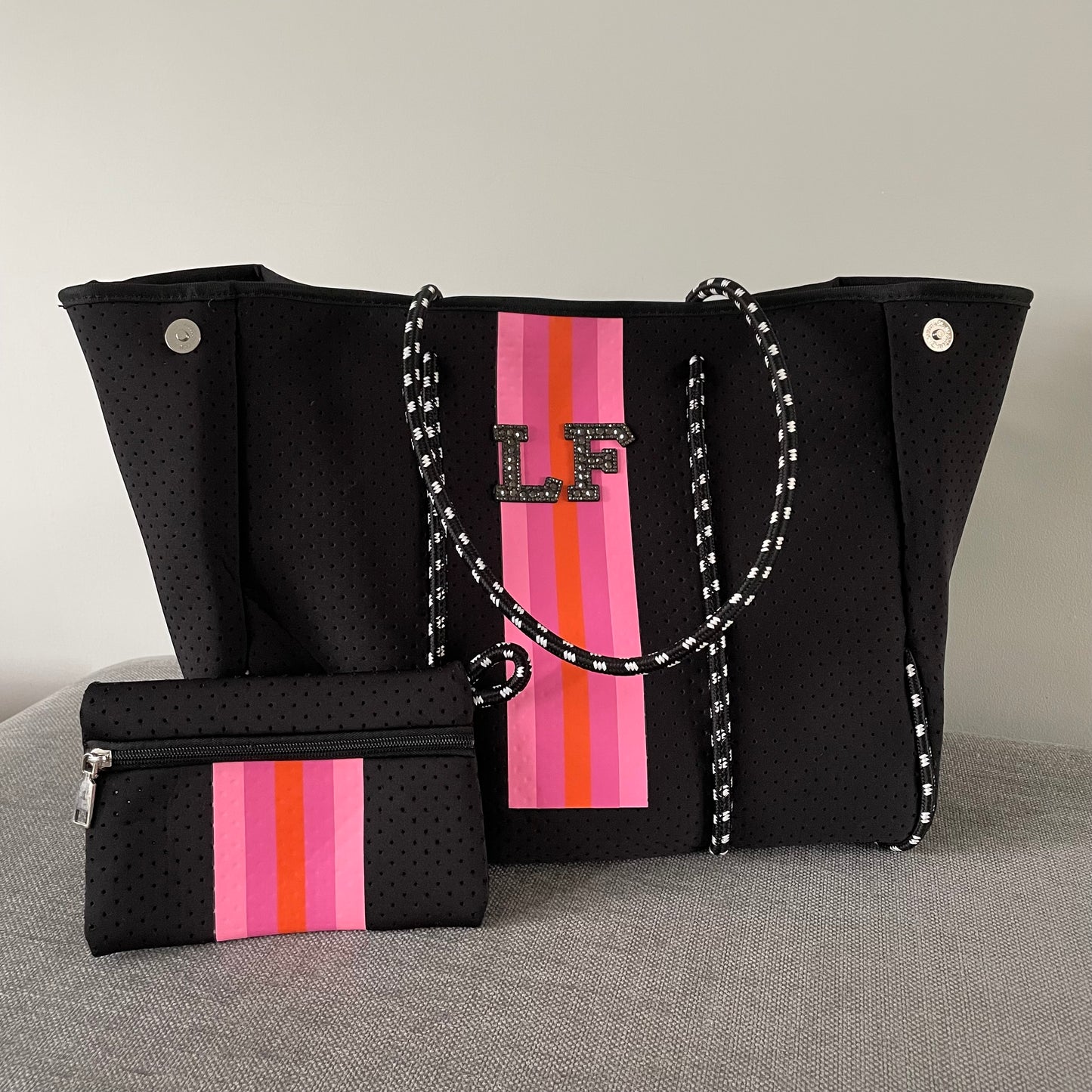 Personalised Black & Pink Stripe Neoprene Patch Tote Bag & Pouch