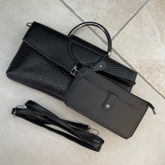 Personalised Black Embossed Textured Cross Body Bag & Purse Purse Set