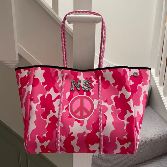 Personalised Pink Peace Camo Neoprene Patch Pink Tote Bag & Pouch
