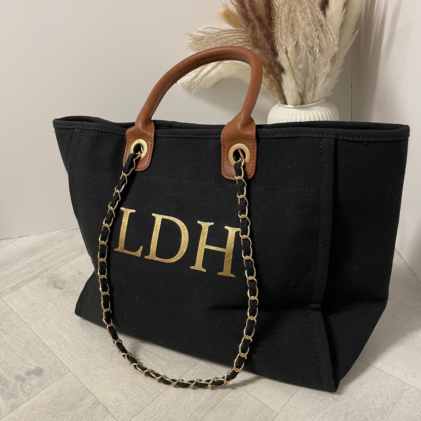 Personalised Black & Brown Large Chain Initial Tote Bags