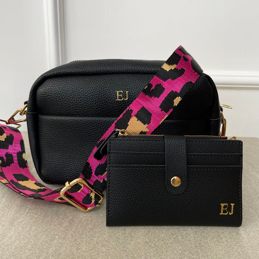 Personalised ELLIE Embossed Faux Leather Leopard Print Cross Body Bag & Purse Set