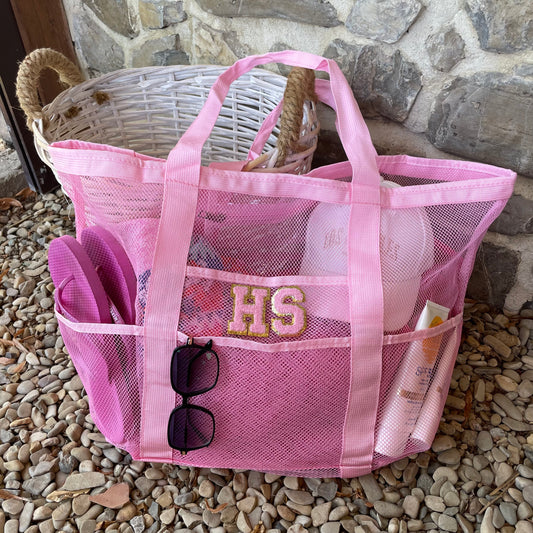 Personalised LACEY Patch Pocket Net Mesh Tote Beach Bag