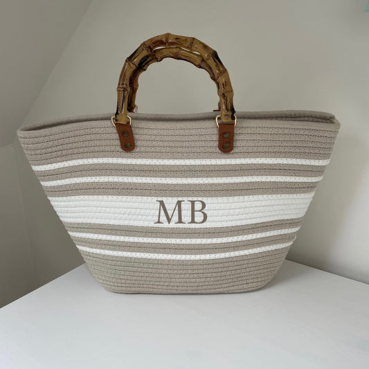 Personalised LENA Rope Stripe Bamboo Handle Tote Beach Bag