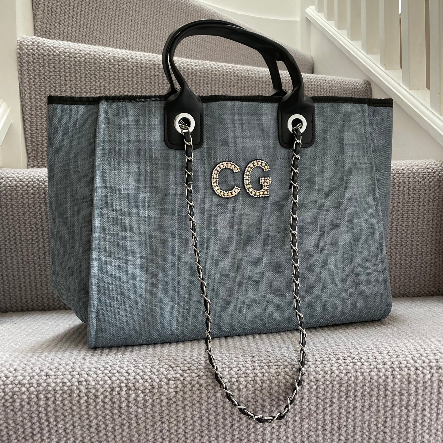 Personalised Silver Black Pearl Patch Chain Large Initial Tote Bags