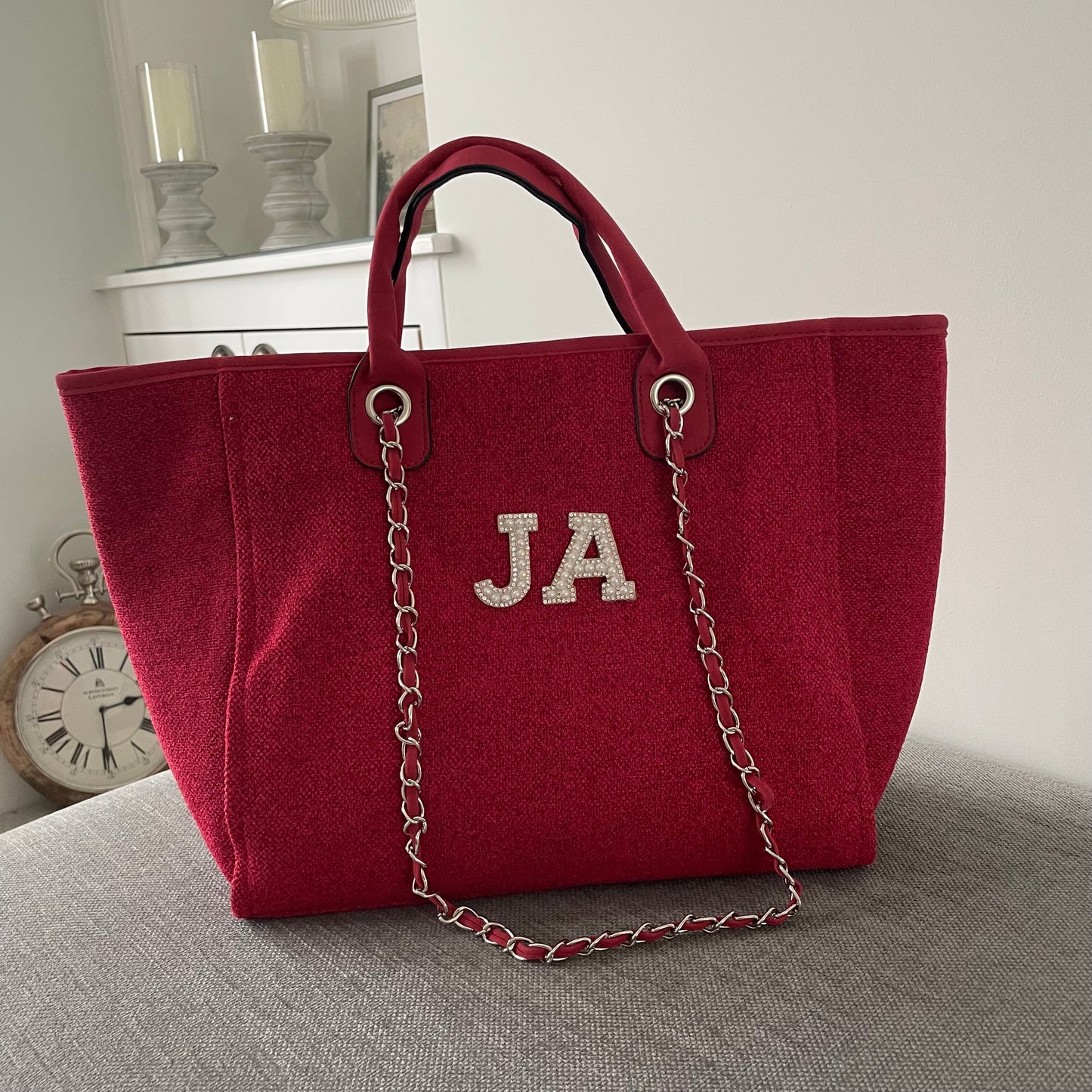 Personalised White Pearl Patch Chain Large Initial Tote Bags