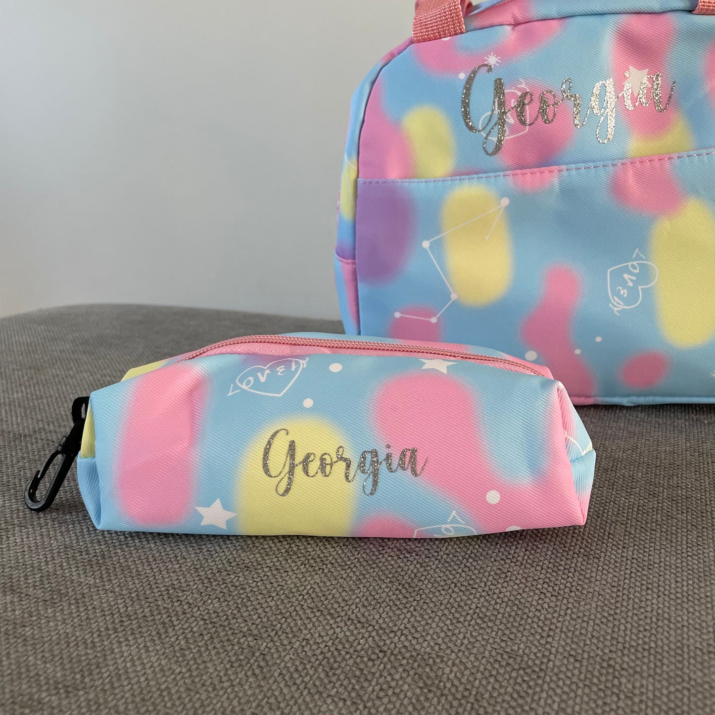 Personalised 3pcs Love Heart Pastel Backpack, Lunch bag & Pencil pouch Set