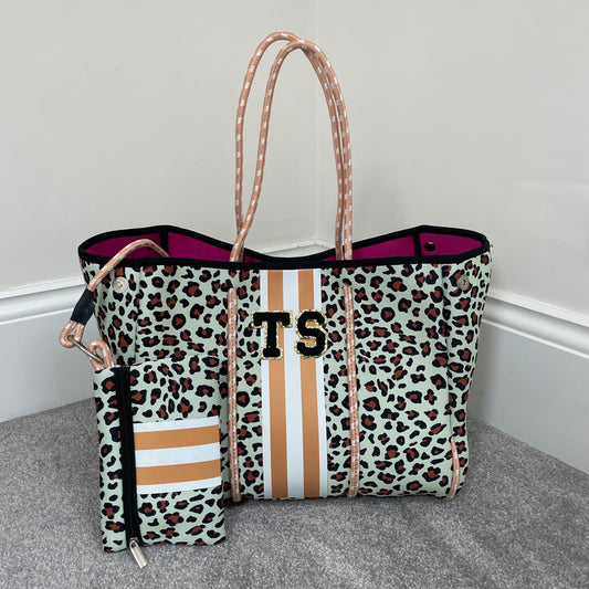 Personalised Leopard Print Stripe Neoprene Patch Tote Bag & Pouch