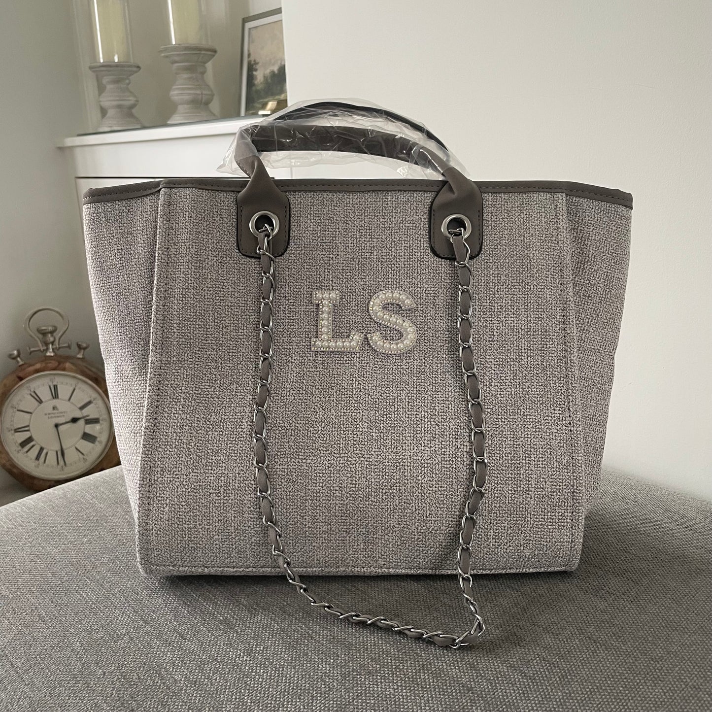 Personalised White Pearl Patch Chain Large Initial Tote Bags