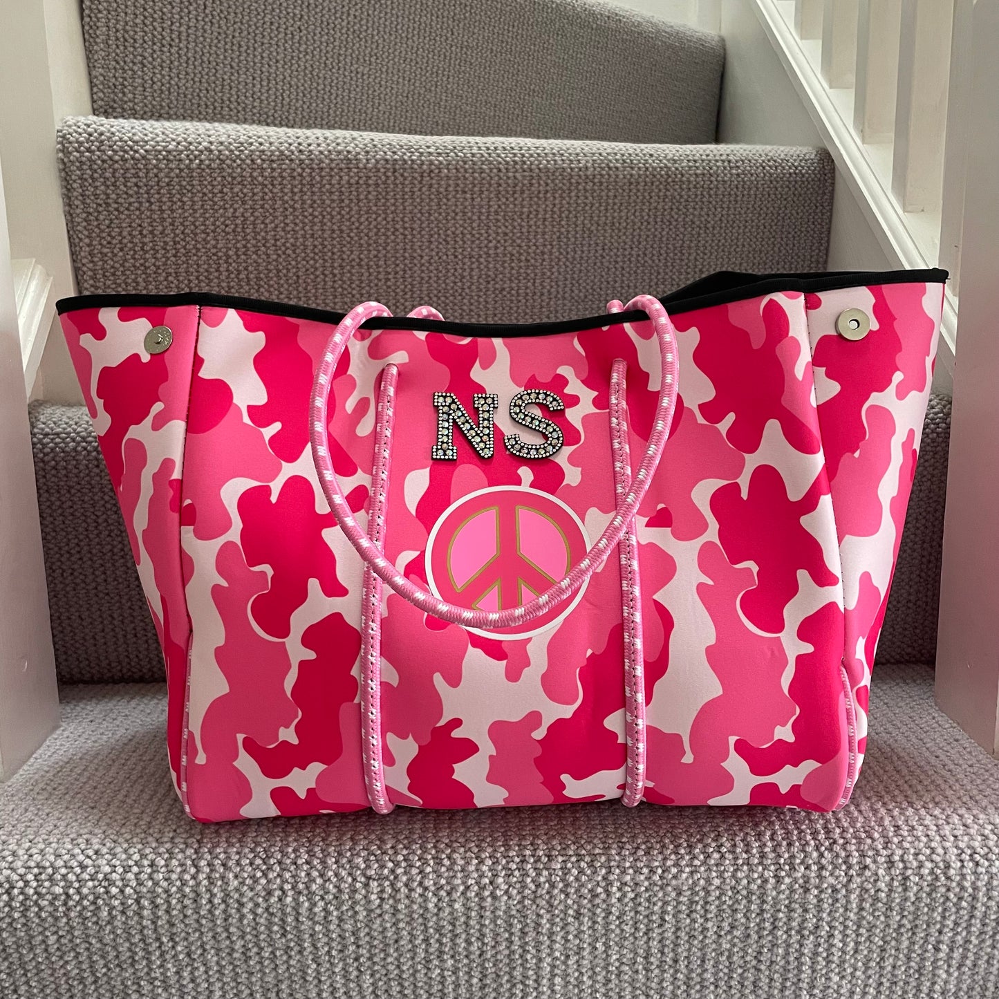 Personalised Pink Peace Camo Neoprene Patch Pink Tote Bag & Pouch