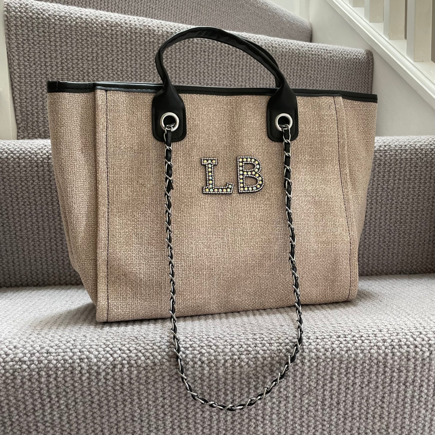 Personalised Silver Black Pearl Patch Chain Large Initial Tote Bags