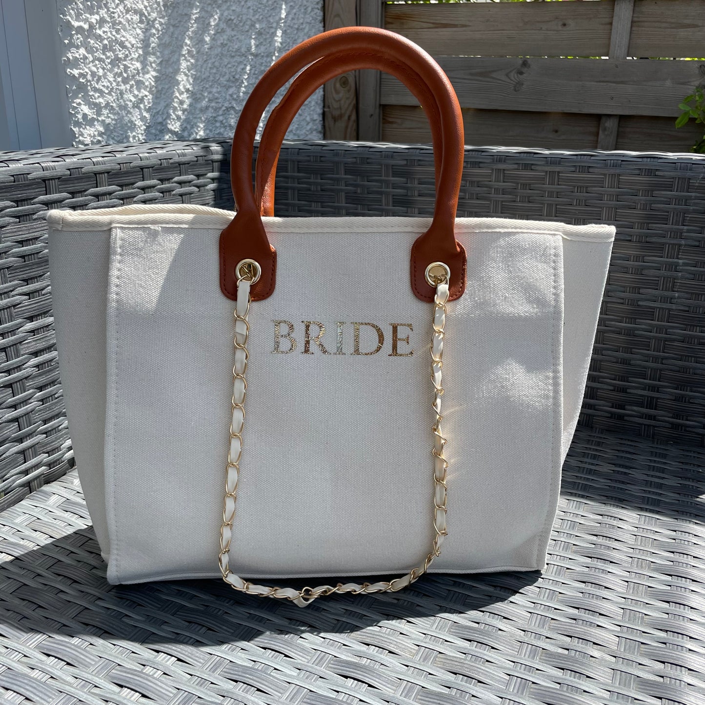 Personalised White & Brown Large Chain Initial Tote Bags