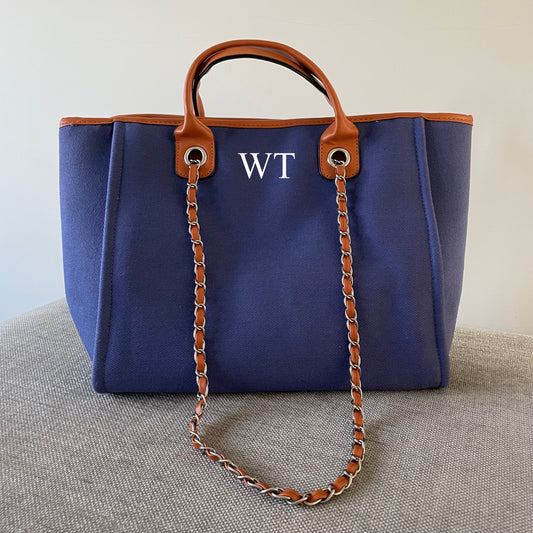 Personalised Navy & Tan Large Chain Initial Tote Bag