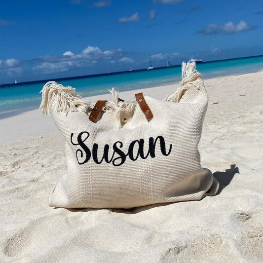 Personalised HETTY Embroidered Solid Colour Straw Fringe Shoulder Tote Beach Bag