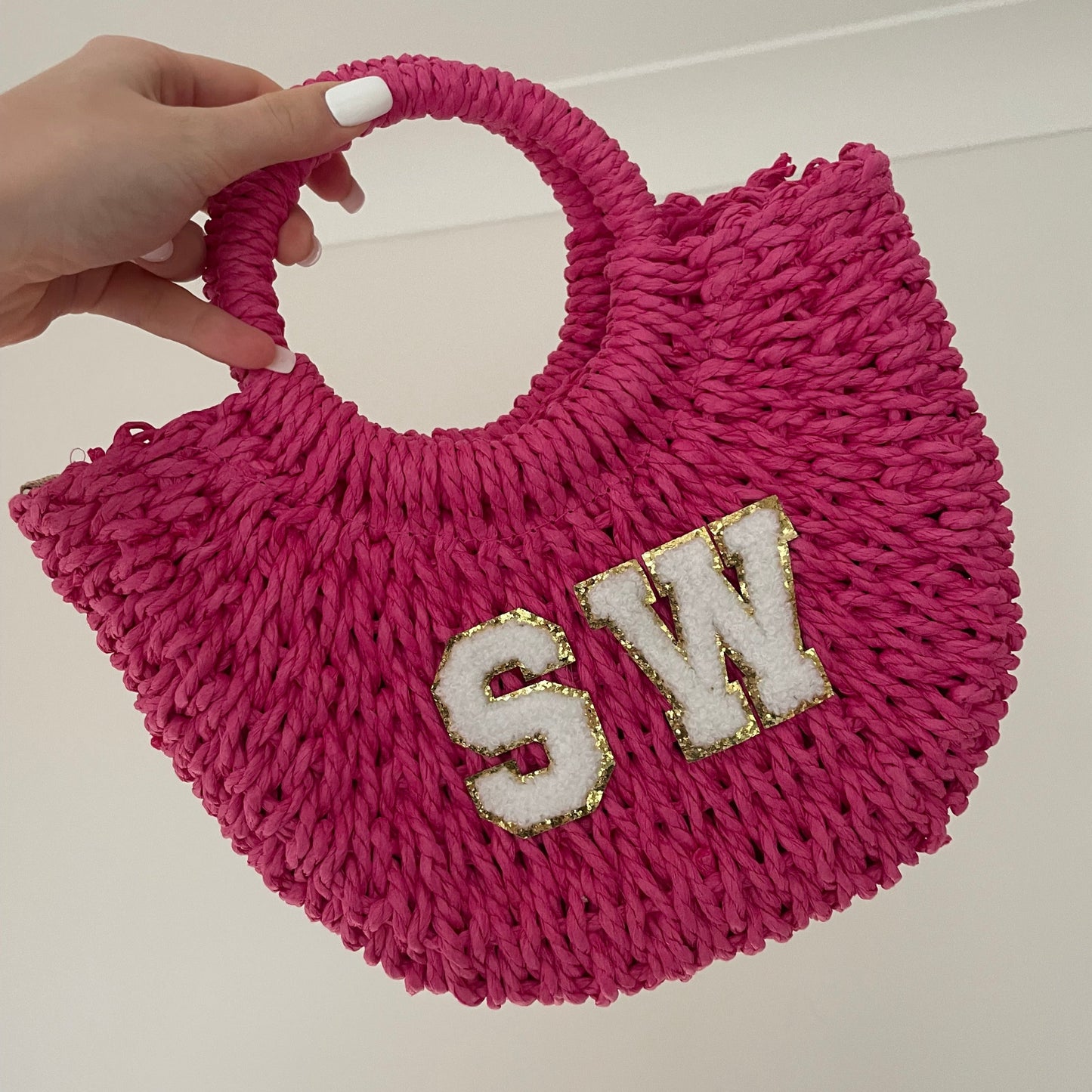 Personalised Mini ADA Patch Straw Half Moon Semi Circle Basket Drawstring Bag