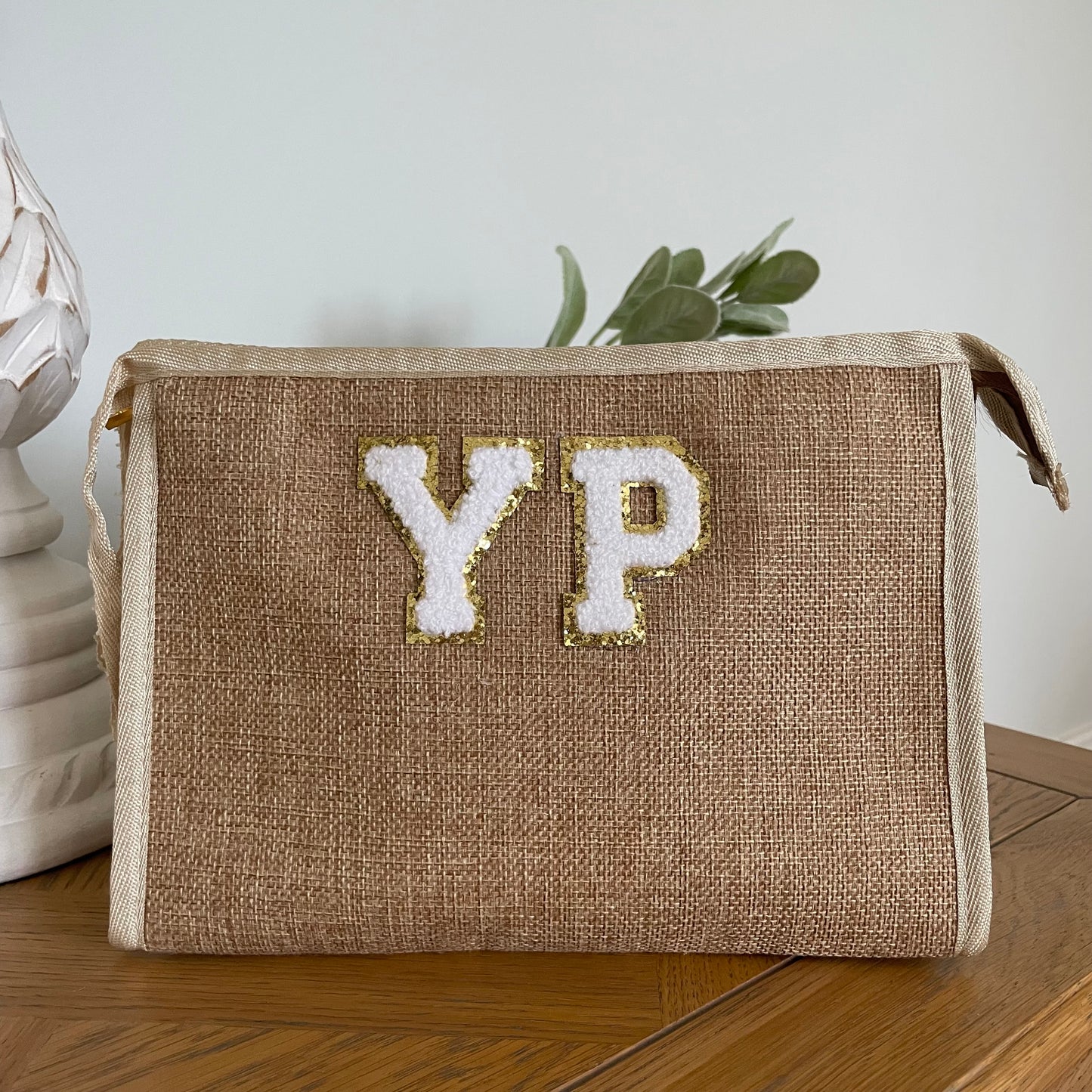 Personalised Patch Canvas Jute Clutch Pouch Makeup Bag