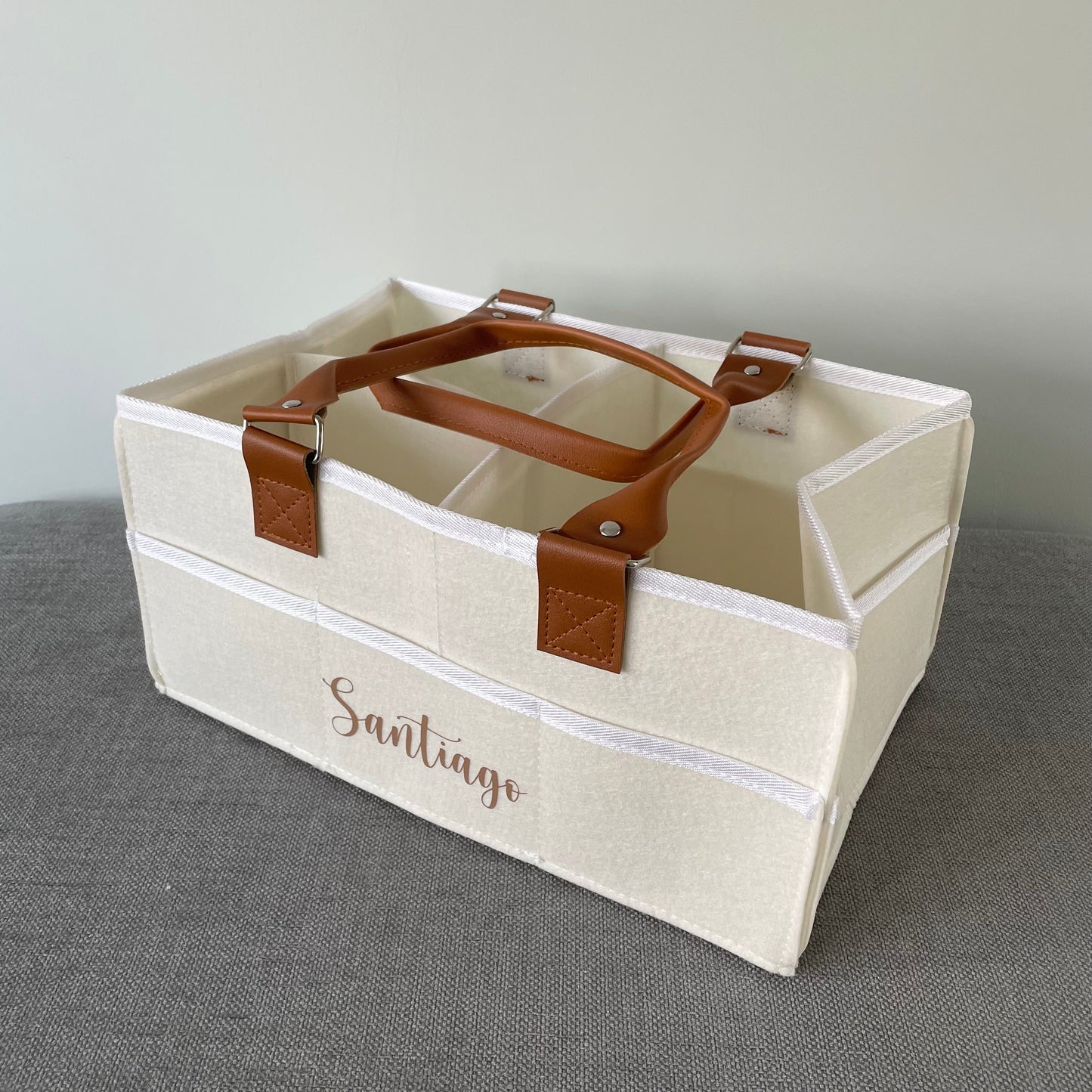 Personalised Felt With Brown Handles Nappy Changing Organiser Bag