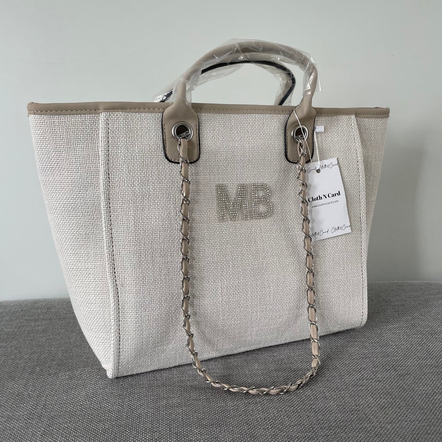 Personalised Silver Diamanté Large Initial Chain Tote Bag