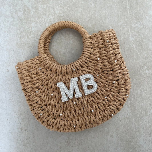 Personalised ADA Bling Straw Half Moon Semi Circle Basket Drawstring Bag