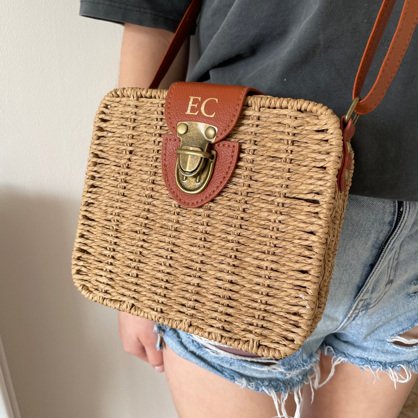 Personalised HARRIET Square Straw Rattan Wicker Tan Brown Cross Body Bag