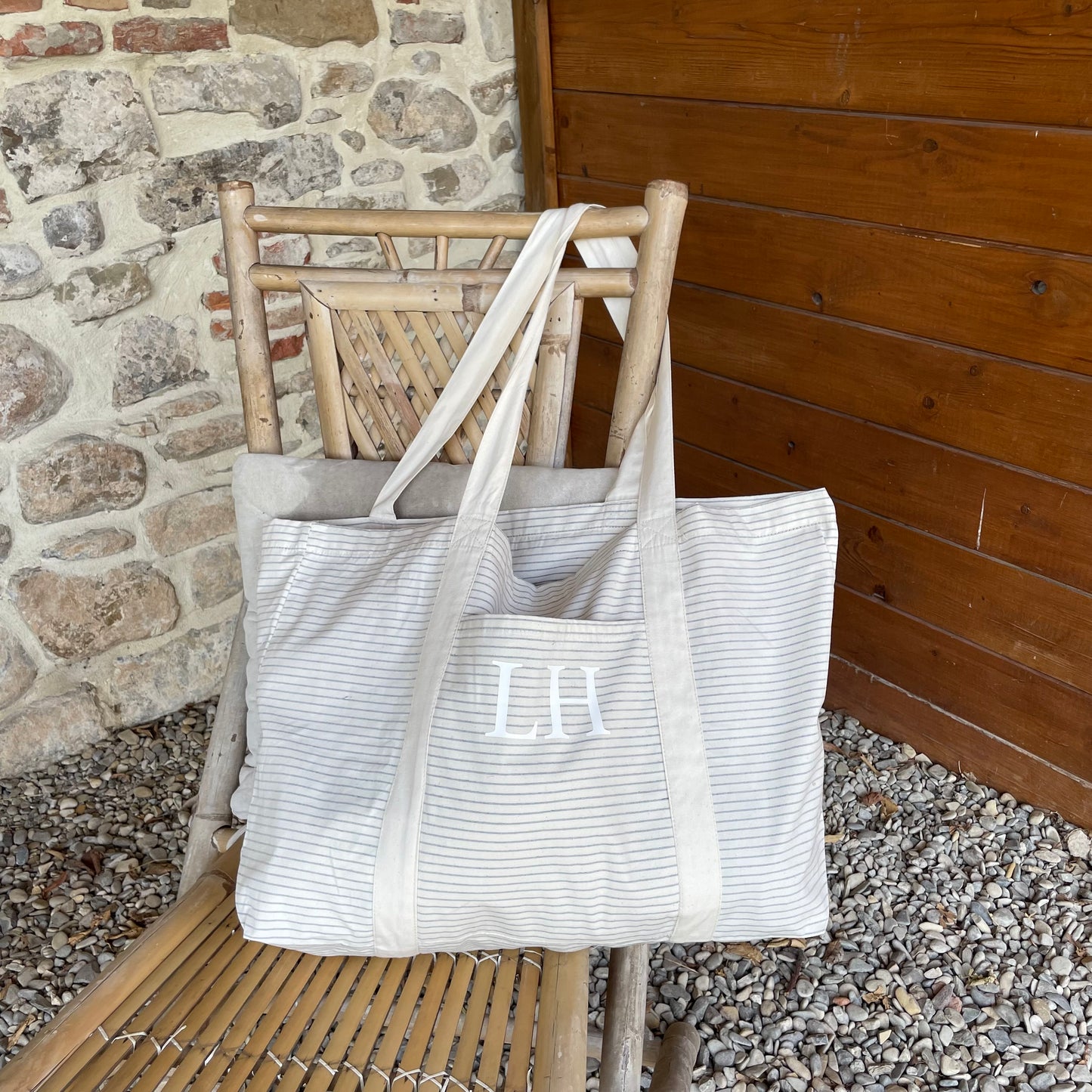 Personalised Cotton Pinstripe Tote Beach Shoulder Bag