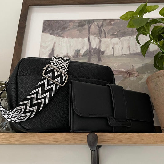 Personalised Black Chevron Cross Body Bag & Long Purse Set