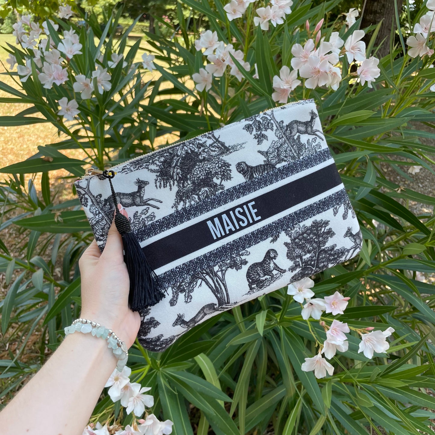 Personalised Tropical Tassel Zip Clutch Pouch