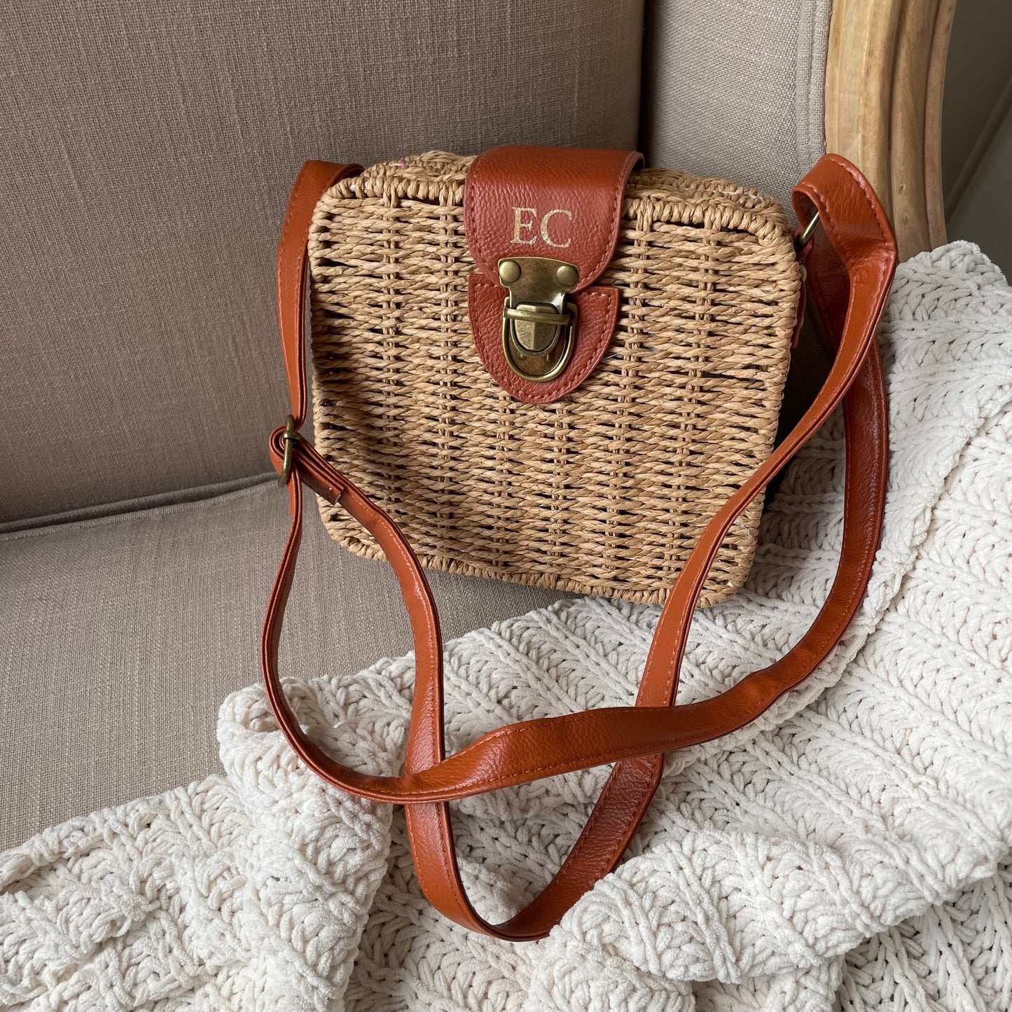 Personalised HARRIET Square Straw Rattan Wicker Tan Brown Cross Body Bag